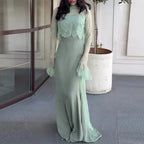 Robe Longue Dentelle Col Rond Jupe Longue Fluide Polyester Femme Élégante Soirée Mariage Formelle Cocktail Gala Automne – Dentelle Douce