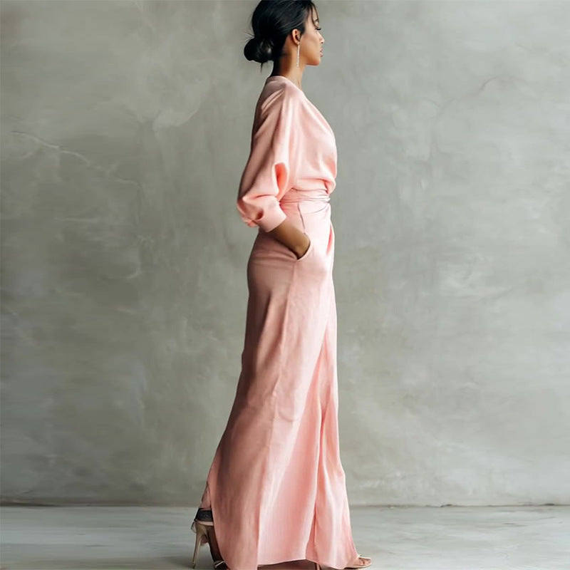 Robe Longue Décolleté en V Drapée Manches Longues Polyester-Spandex Femme Élégante Soirée Mariage Cocktail Formelle – Dahlia