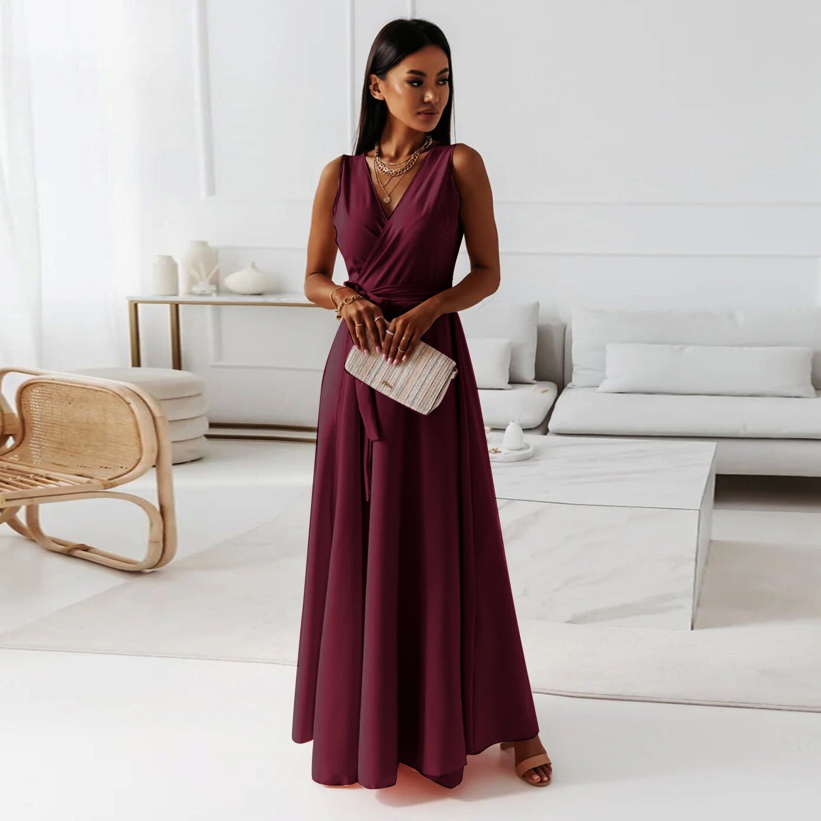 Robe Longue de Mariage pour Femme Élégante avec Corsage Enveloppant Silhouette Fluide Gown de Cérémonie Formelle