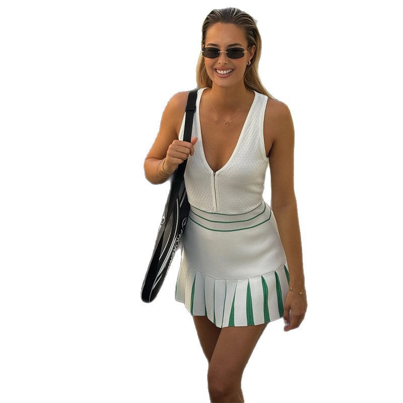Robe Courte Femme Style Tennis Sans Manches Col V Plissée Polyester Casual Chic Été Vacances – Blanche