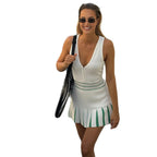 Robe Courte Femme Style Tennis Sans Manches Col V Plissée Polyester Casual Chic Été Vacances – Blanche