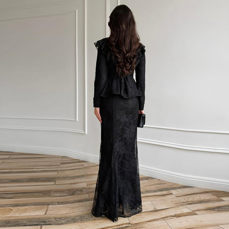 Ensemble Deux Pièces Femme Veste Jupe Longue Sirène Dentelle Polyester Cérémonie Mariage Soirée Gala – Lumière