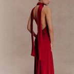 Vestido largo espalda descubierta halter cuello en V sin mangas poliéster mujer glamour noche boda formal cóctel gala – Scarlett