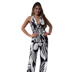 Ensemble Deux Pièces Femme Top Sans Manches Imprimé Plantes Pantalon Large Polyester Contraste Casual Jumpsuit  Leisure Été – Monochroma