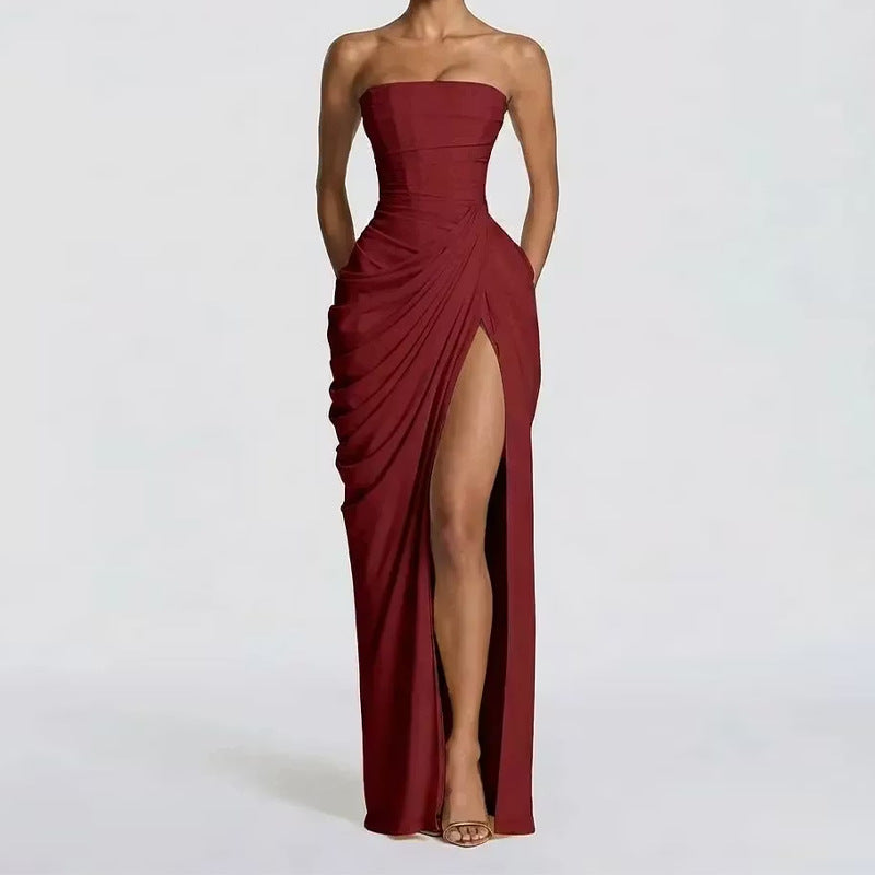 Robe Longue Femme Bustier Sans Bretelles Plissée Fente Latérale Polyester Mariage Soirée Gala Formelle Cocktail – Séraphine