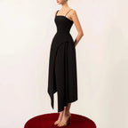 Robe Midi Femme Bretelles Fines Taille Cintrée Fente Asymétrique Polyester Soirée Cocktail Mariage Formelle Gala – Noirève