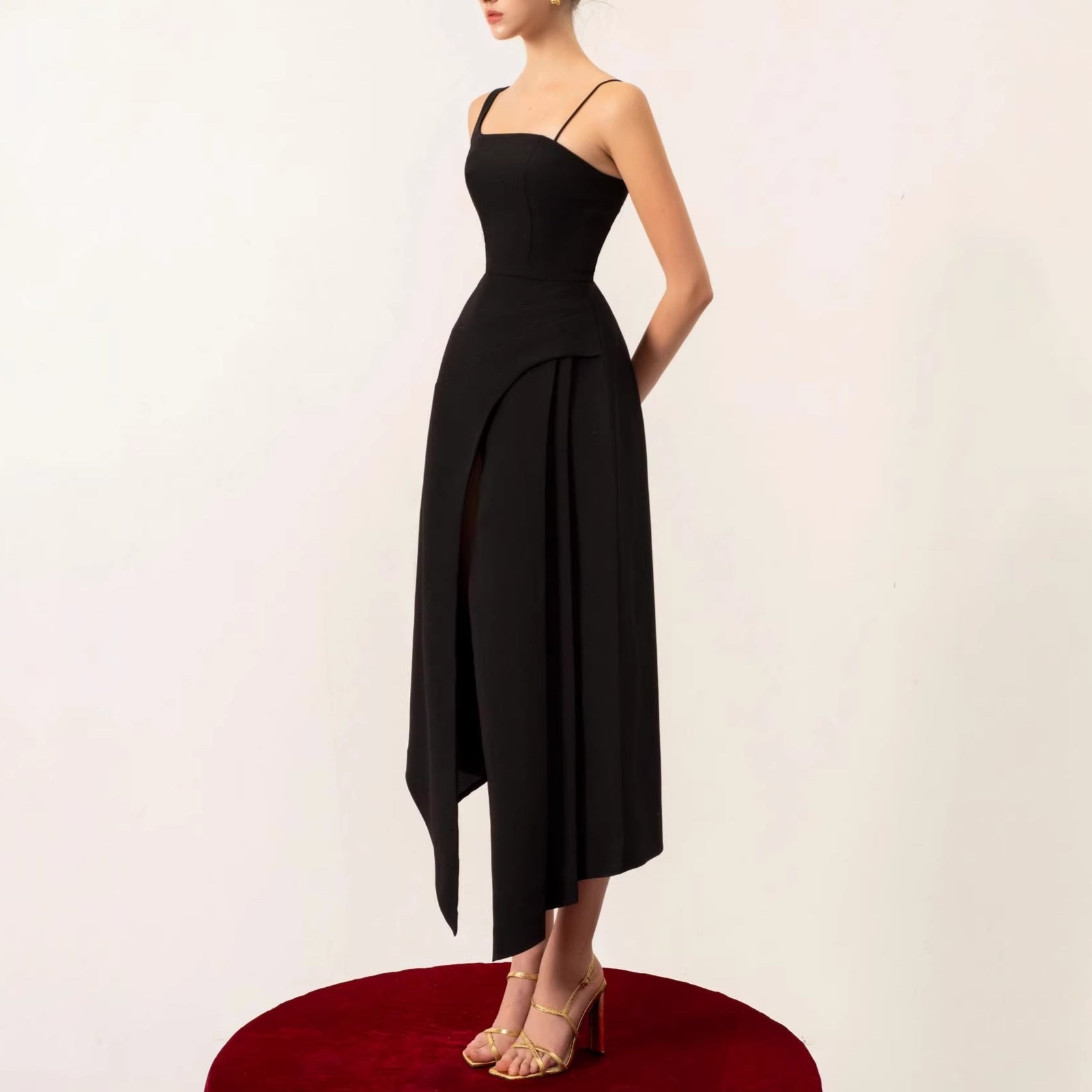 Robe Midi Femme Bretelles Fines Taille Cintrée Fente Asymétrique Polyester Soirée Cocktail Mariage Formelle Gala – Noirève