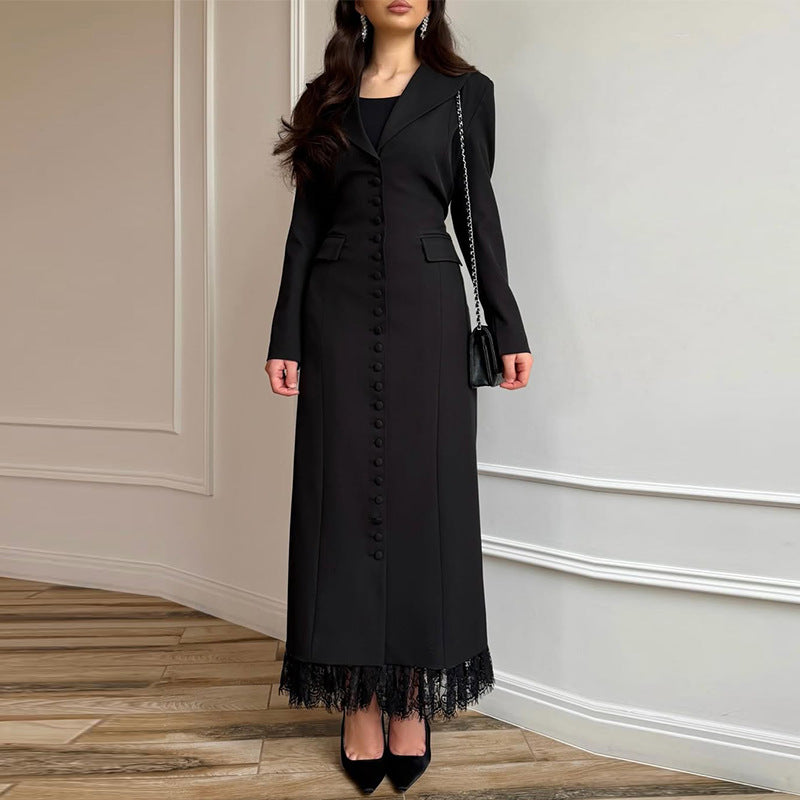 Robe Longue Femme Col V Manches Longues Dentelle Bouton Unique Polyester Cérémonie Mariage FormelleTravail – Éléonore