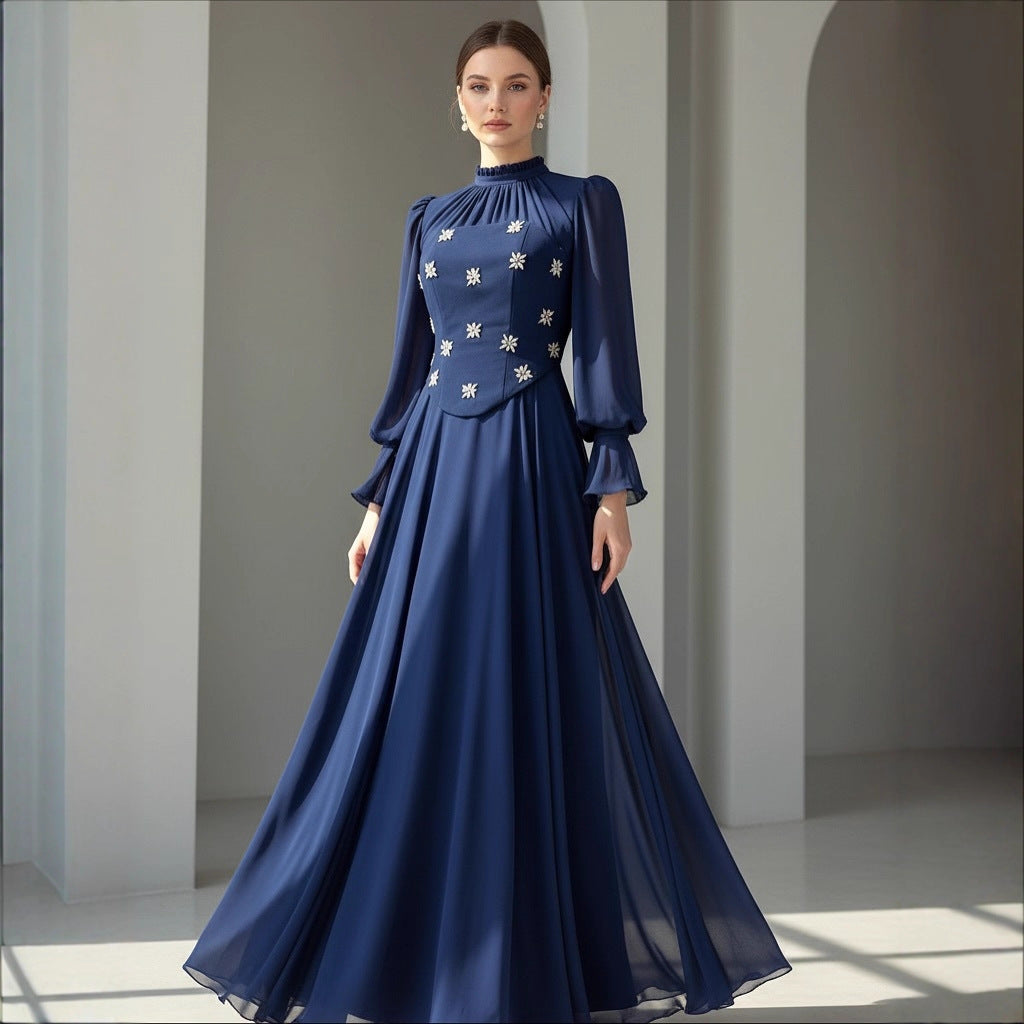 Vestido largo diamante mangas largas cuello redondo línea A poliéster mujer elegante modesta boda formal gala invierno – Diamantine