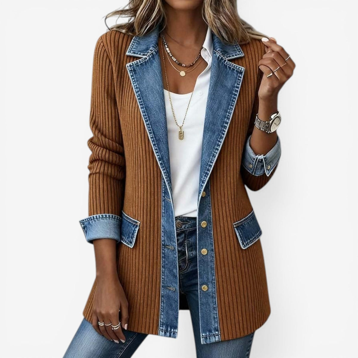 Veste en coloris caramel avec empiècements denim bleu clair, poches plaquées à rabat et boutons dorés apparents sur la bande frontale