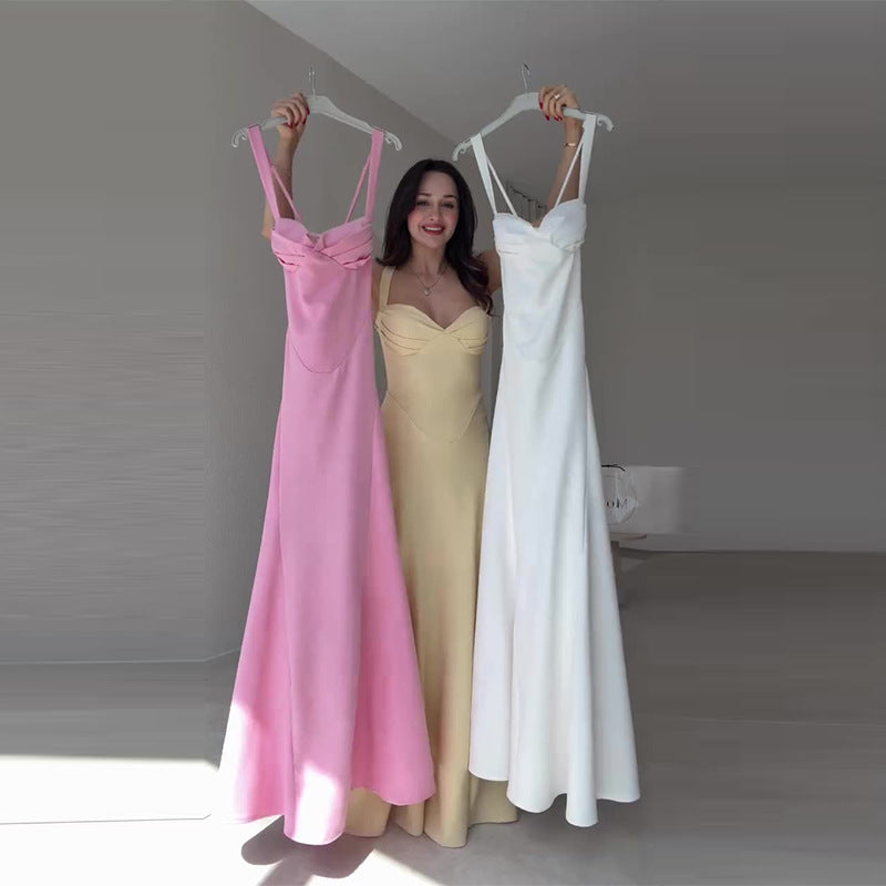 Robe Longue Bretelles Cintrée Taille Mélange Polyester-Spandex Femme Élégante Mariage Formelle Bal Cérémonie Été – Mirabelle