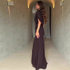 Robe Longue Plissée Sans Manches Col Rond Slim Polyester Femme Élégante Soirée Mariage Cocktail Formelle – Ambre
