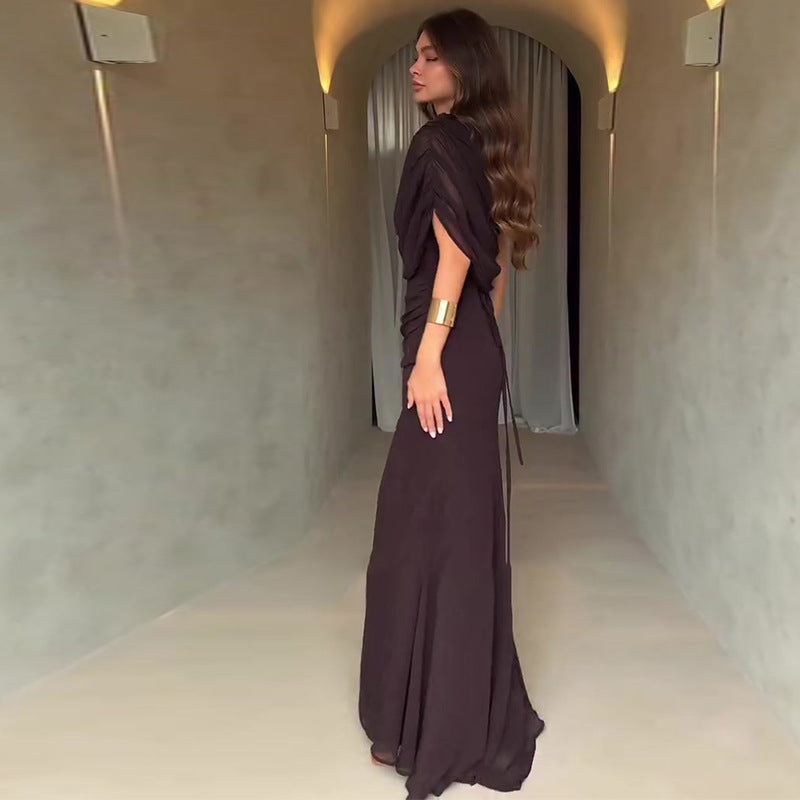 Robe Longue Plissée Sans Manches Col Rond Slim Polyester Femme Élégante Soirée Mariage Cocktail Formelle – Ambre