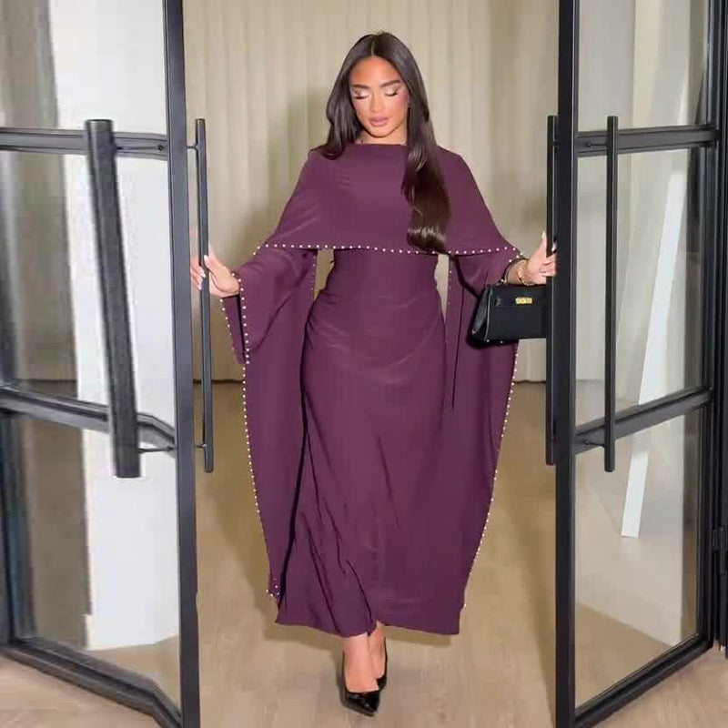 Ensemble 2 Pièces Femme Robe Longue Col Rond Manches Longues Jupe Fluide Élégant Casual Bureau Automne Hiver – Violet Prune