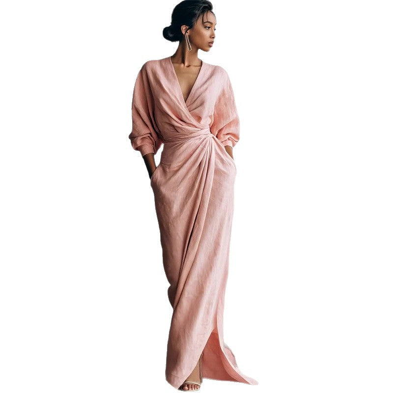 Robe Longue Décolleté en V Drapée Manches Longues Polyester-Spandex Femme Élégante Soirée Mariage Cocktail Formelle – Dahlia
