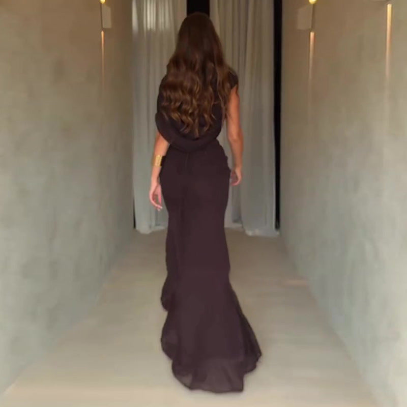 Robe Longue Plissée Sans Manches Col Rond Slim Polyester Femme Élégante Soirée Mariage Cocktail Formelle – Ambre