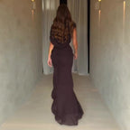 Robe Longue Plissée Sans Manches Col Rond Slim Polyester Femme Élégante Soirée Mariage Cocktail Formelle – Ambre