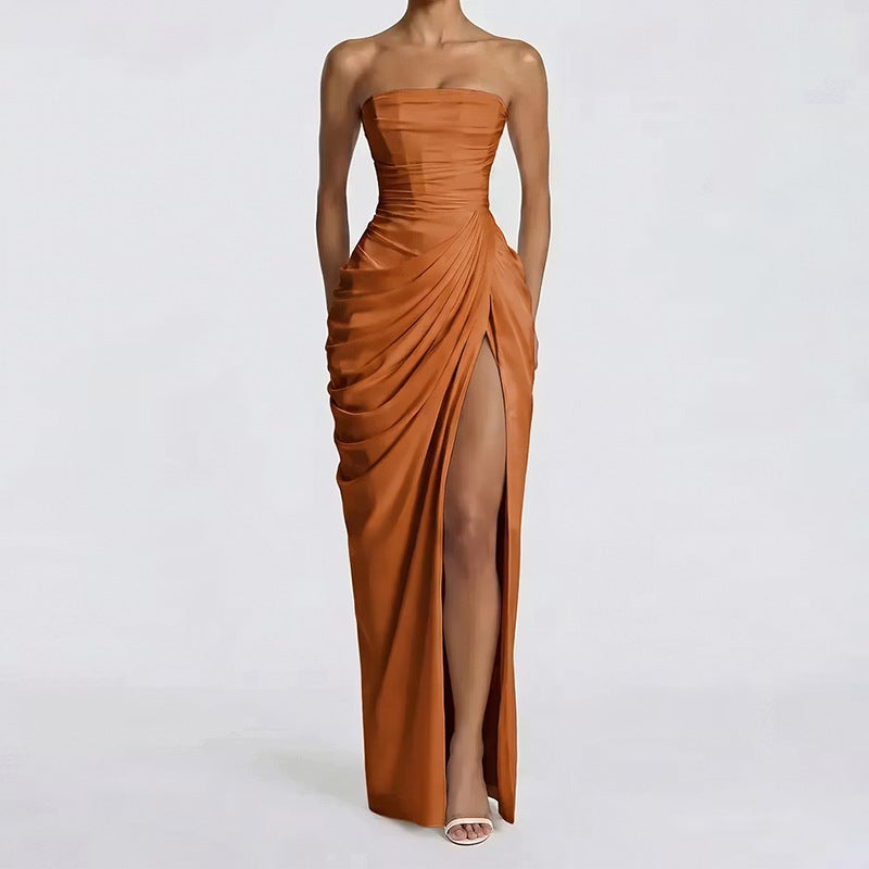 Robe Longue Femme Bustier Sans Bretelles Plissée Fente Latérale Polyester Mariage Soirée Gala Formelle Cocktail – Séraphine