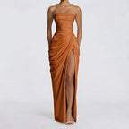 Robe Longue Femme Bustier Sans Bretelles Plissée Fente Latérale Polyester Mariage Soirée Gala Formelle Cocktail – Séraphine