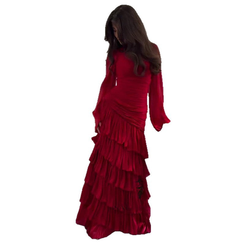 Robe Longue Élégante Femme Rouge Manches Longues Volants Ajustée Cérémonie Mariage Formelle Cocktail – Rosaline