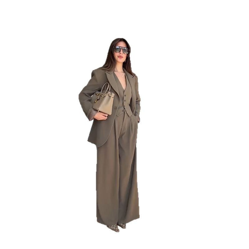 Ensemble Deux Pièces Femme Blazer Manches Longues Pantalon Large Polyester Couleur Unie Casual Jumpsuit Chic Bureau Loisirs Printemps – Taupe Élégance