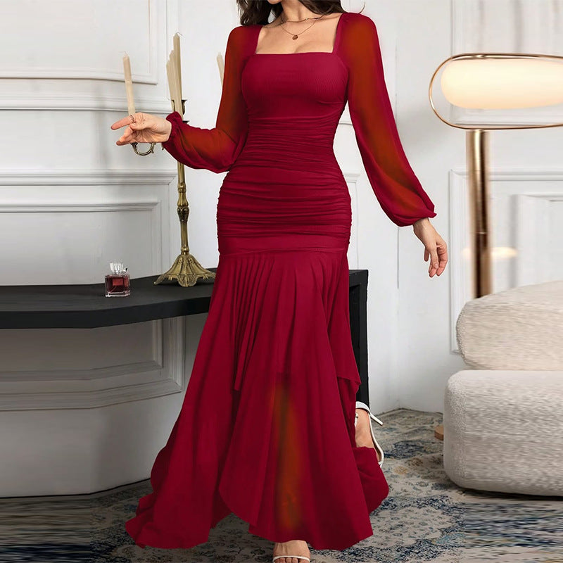 Vestido Largo Escote Cuadrado Mangas Largas Plisadas Corte Ajustado Poliéster Mujer Elegante Boda Noche Cóctel Formal – Rubans