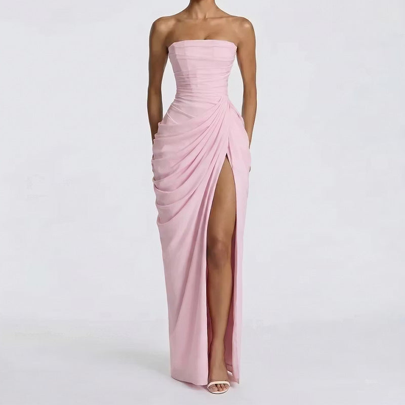 Robe Longue Femme Bustier Sans Bretelles Plissée Fente Latérale Polyester Mariage Soirée Gala Formelle Cocktail – Séraphine