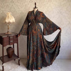 Abito lungo maniche kimono larghe collo a V cinturato stampa barocca orientale poliestere donna elegante bohemien formale matrimonio autunno – Orientale