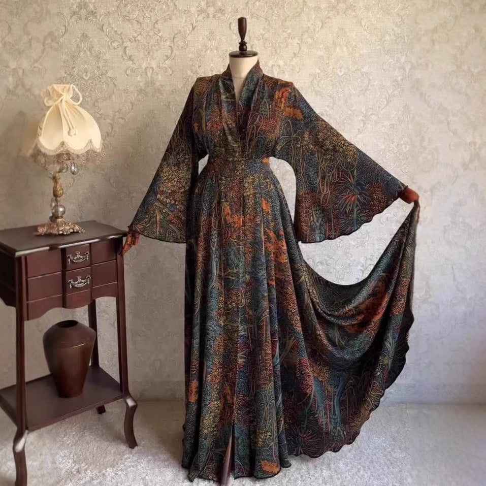 Vestido largo con mangas kimono anchas, cuello en V, ceñido a la cintura, estampado barroco oriental, poliéster, mujer elegante, bohemio, formal, para boda en otoño – Oriental