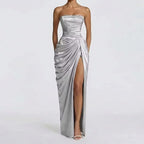 Robe Longue Femme Bustier Sans Bretelles Plissée Fente Latérale Polyester Mariage Soirée Gala Formelle Cocktail – Séraphine