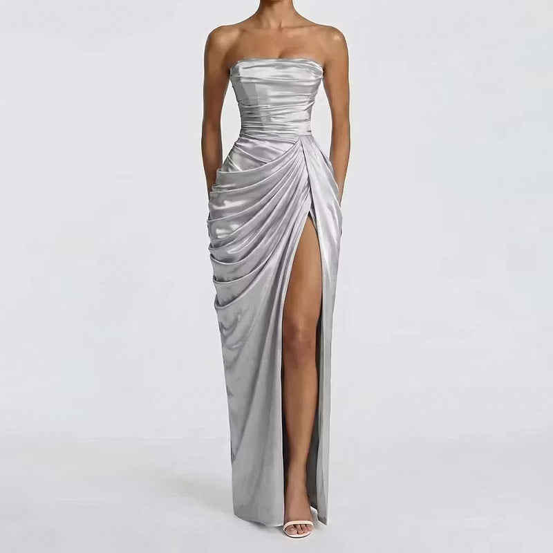 Robe Longue Femme Bustier Sans Bretelles Plissée Fente Latérale Polyester Mariage Soirée Gala Formelle Cocktail – Séraphine