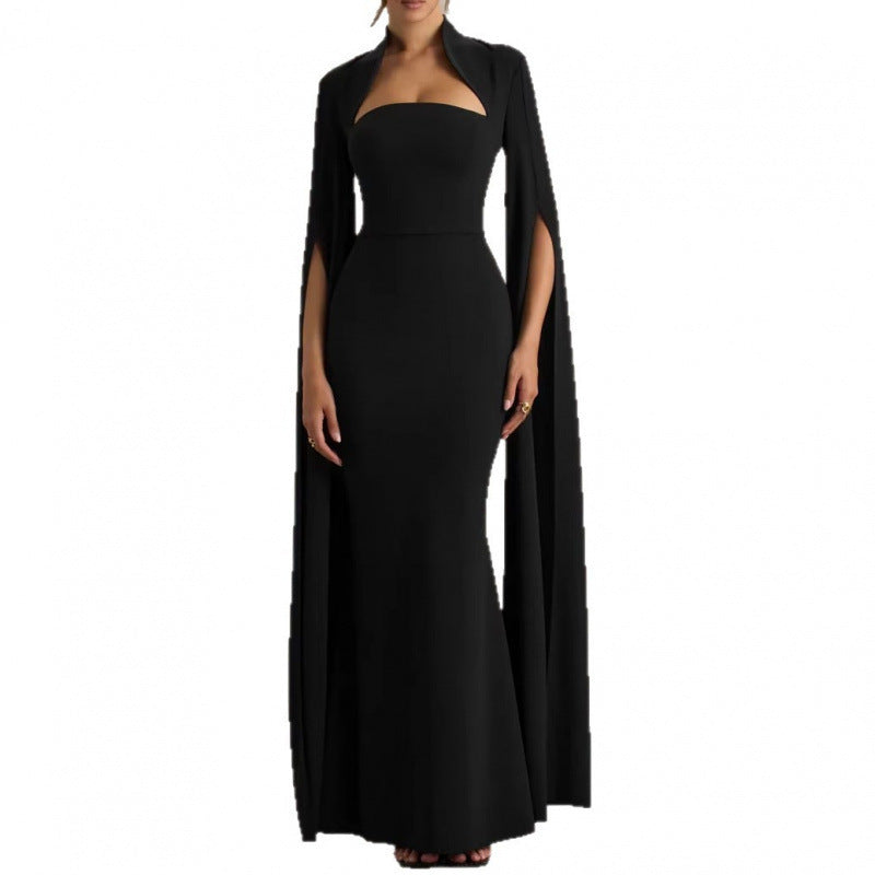 Abito lungo aderente maniche con spacco zip laterale poliestere-spandex colore unico donna elegante sera matrimonio gala formale cocktail – Spacco