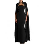 Abito lungo aderente maniche con spacco zip laterale poliestere-spandex colore unico donna elegante sera matrimonio gala formale cocktail – Spacco