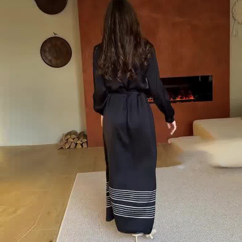 Robe Midi Femme Col Polo Manches Longues Cintrée Fente Latérale Imprimée Polyester Summer Mariage Casual Chic – Zéphyrine