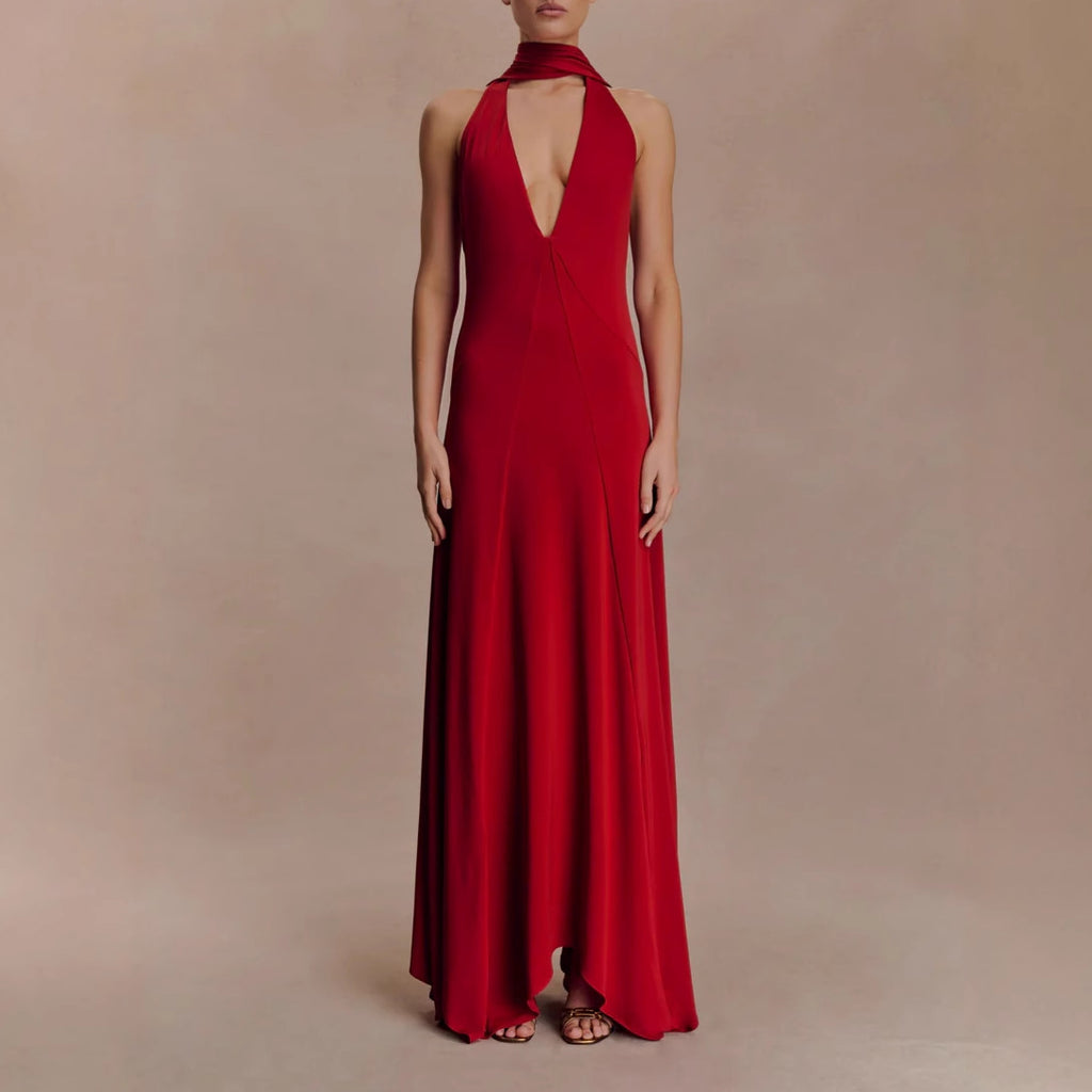 Vestido largo espalda descubierta halter cuello en V sin mangas poliéster mujer glamour noche boda formal cóctel gala – Scarlett