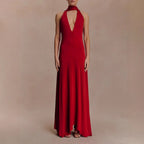 Vestido largo espalda descubierta halter cuello en V sin mangas poliéster mujer glamour noche boda formal cóctel gala – Scarlett
