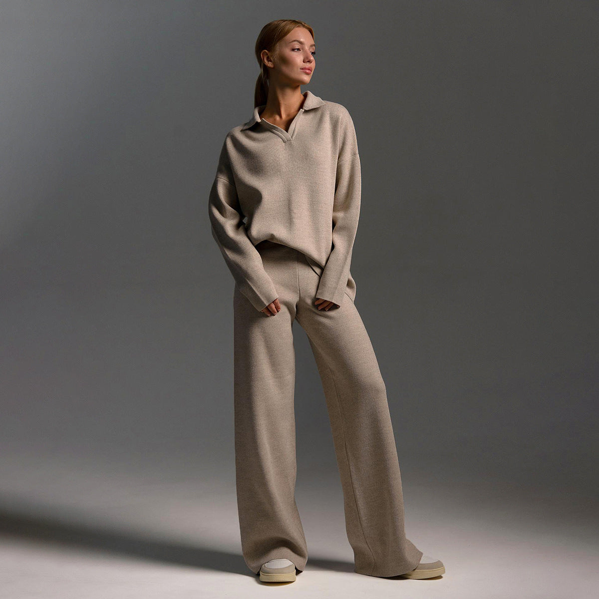 Conjunto Dos Piezas Mujer Suéter Polo Chic Pantalón Ancho Suave Transpirable Casual Chic Relax Trabajo Diario Fin de Semana – Polinae