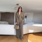 Ensemble Deux Pièces Femme Blazer Manches Longues Pantalon Large Polyester Couleur Unie Casual Jumpsuit Chic Bureau Loisirs Printemps – Taupe Élégance