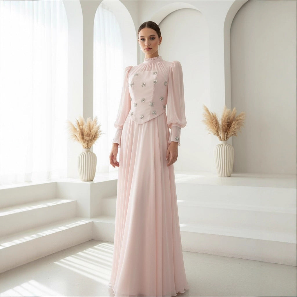 Lange jurk met diamantmotief, lange mouwen, ronde hals, A-lijn, polyester, elegante en bescheiden damesjurk voor formele bruiloft, gala, winter – Diamantine