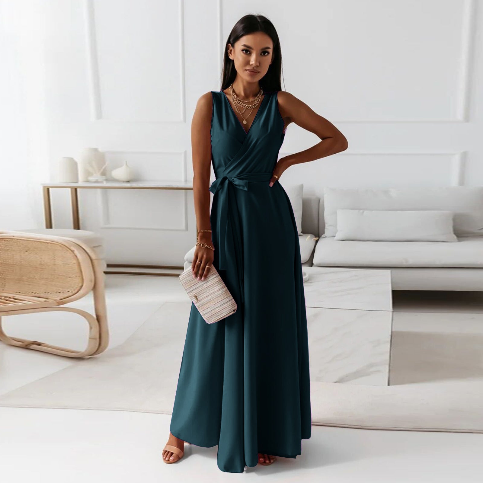 Robe Longue de Mariage pour Femme Élégante avec Corsage Enveloppant Silhouette Fluide Gown de Cérémonie Formelle