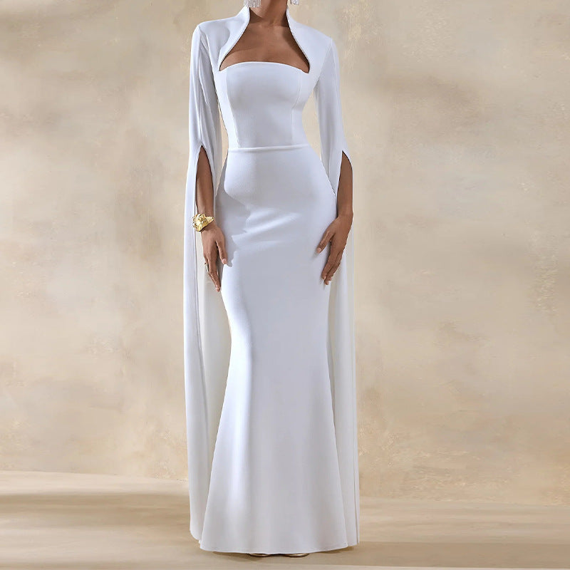 Abito lungo aderente maniche con spacco zip laterale poliestere-spandex colore unico donna elegante sera matrimonio gala formale cocktail – Spacco