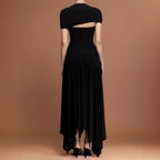 Robe Midi Plissée Noire Col Rond Manches Courtes Asymétrique Cut-Out Polyester Femme Élégante Soirée Cocktail Mariage Formelle Gala – Obsidienne