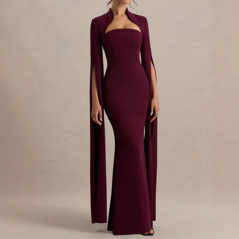 Abito lungo aderente maniche con spacco zip laterale poliestere-spandex colore unico donna elegante sera matrimonio gala formale cocktail – Spacco