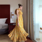 Vestido Largo Floral Volantes Escote en V Pliegues Pinzados Sin Mangas Poliéster Mujer Elegante Boda Jardín Noche Verano – Soleil d'Or