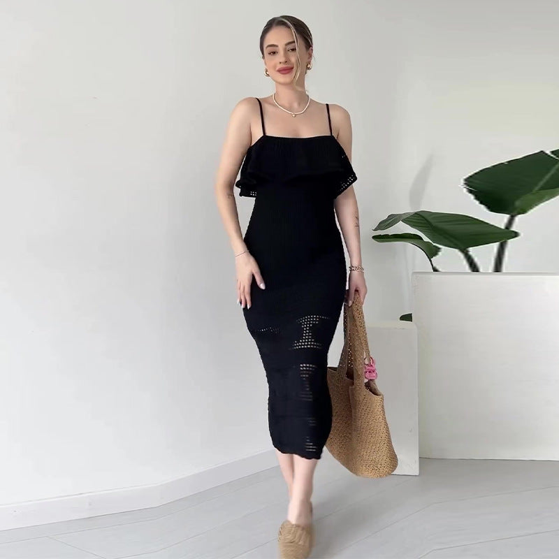 Robe Midi Femme Bretelles Fines Détails Ajourés Polyester Cérémonie Mariage Soirée Formelle Chic – Céleste
