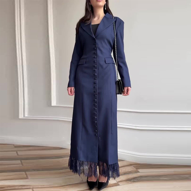 Robe Longue Femme Col V Manches Longues Dentelle Bouton Unique Polyester Cérémonie Mariage FormelleTravail – Éléonore