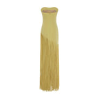 Robe Longue Plissée Frangée Couleur Unie Polyester Femme Élégante Soirée Mariage Cocktail Formelle Gala Automne – Dorée Plissée