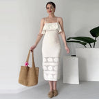 Robe Midi Femme Bretelles Fines Détails Ajourés Polyester Cérémonie Mariage Soirée Formelle Chic – Céleste