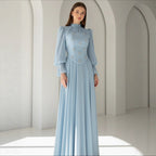 Lange jurk met diamantmotief, lange mouwen, ronde hals, A-lijn, polyester, elegante en bescheiden damesjurk voor formele bruiloft, gala, winter – Diamantine