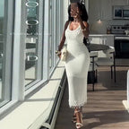 Abito Midi Donna in Maglia Senza Spalline Sottile Aderente in Poliestere Elegante Formale per Serate Primavera Estate – Bianco Avorio